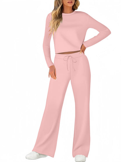 Solid Color T-shirt Round Neck Long Sleeve Trousers Suit