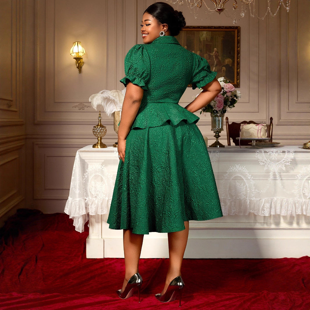 Green Jacquard Lapel Button Ruffled Belly-covering Dress
