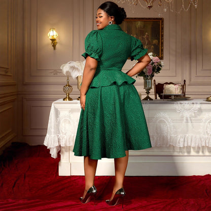 Green Jacquard Lapel Button Ruffled Belly-covering Dress