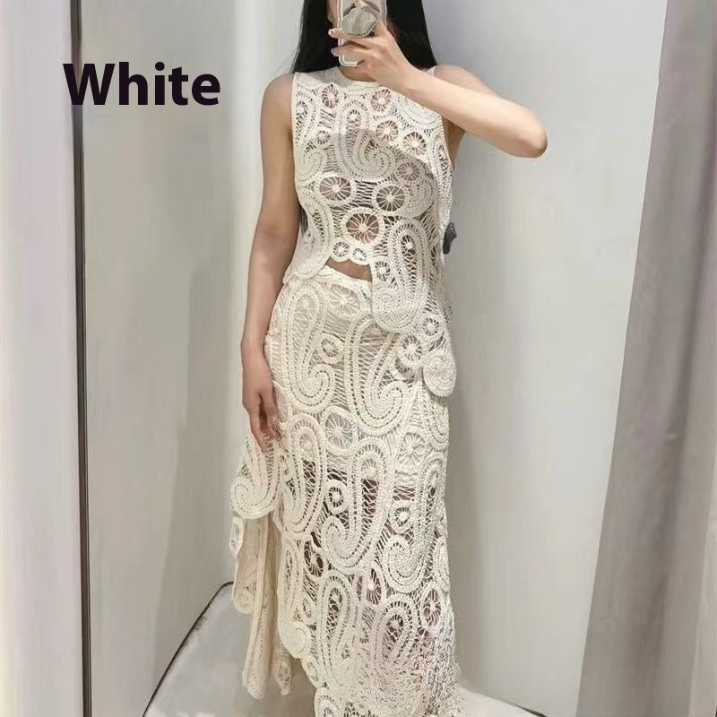 Fashion Round Neck Sleeveless Asymmetric Woven Hollowed Crochet Two-piece Set
