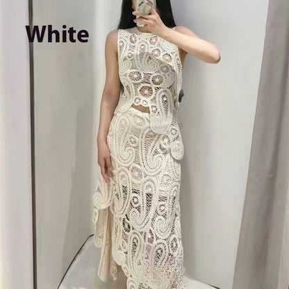 Fashion Round Neck Sleeveless Asymmetric Woven Hollowed Crochet Two-piece Set