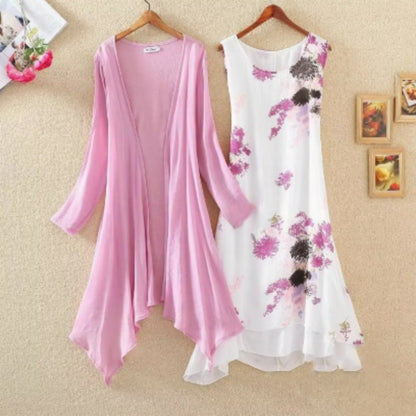 Long Sleeves Outer Match Shawl Mid-length Cotton And Linen Printed Irregular Dress