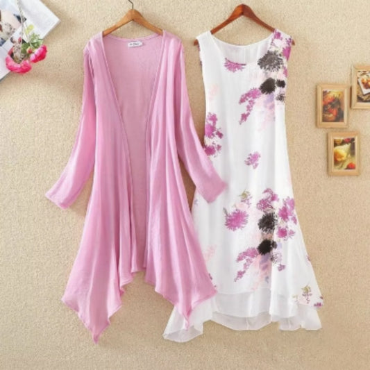 Long Sleeves Outer Match Shawl Mid-length Cotton And Linen Printed Irregular Dress