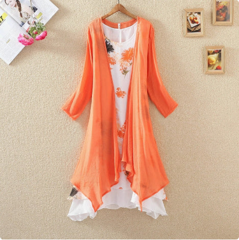 Long Sleeves Outer Match Shawl Mid-length Cotton And Linen Printed Irregular Dress