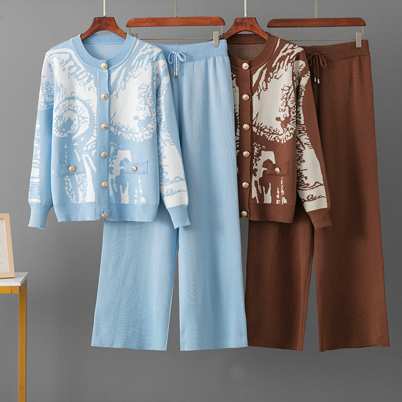 Jacquard Cardigan Single-breasted Sweater Casual Sports Wide-leg Pants Two-piece Set