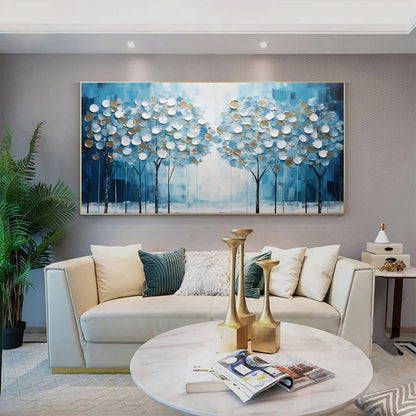 Abstract Blue Tree Of Life Canvas Hand-Painted Oil Painting Modern Lucky Fortune Tree Large Size Boho Home Decor