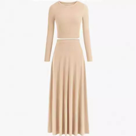 Casual Rib Knitted Long Sleeves Cropped Top Extra Long Piaise Skirt With Suit