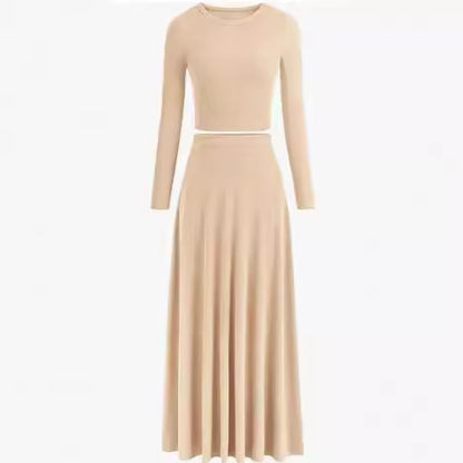 Casual Rib Knitted Long Sleeves Cropped Top Extra Long Piaise Skirt With Suit