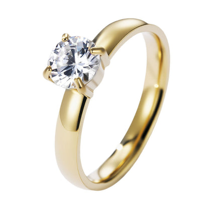 Simple Four-claw Round Diamond Stainless Steel Ring