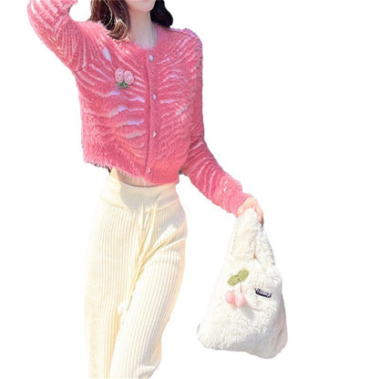Mink Fur Zebra Pattern Knitted Cardigan Sweater Women's Coat