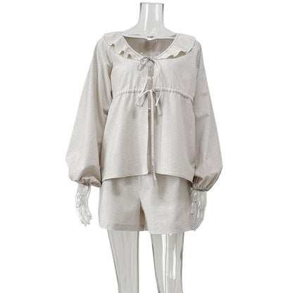 V-neck Puff Sleeve Top And Shorts Two-piece Set