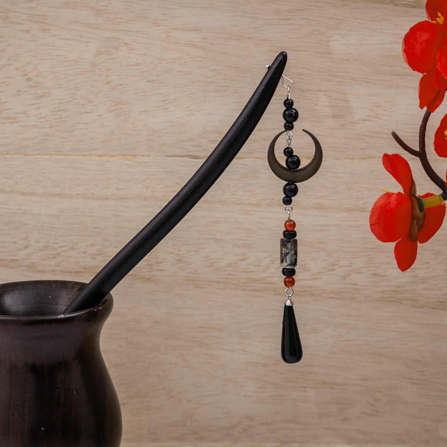 Wooden Antique Water Drop Tassel Step Shake Hair Pin Crescent Earrings