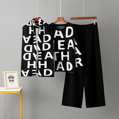 Elegant Knitting Suit Letter Shawl Woolen Round Neck Casual Wide Leg Pants