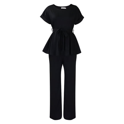 Solid Color Lace-up Top High Waist Wide Leg Pants Fashion