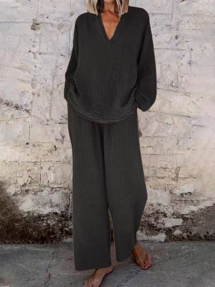 Women's Solid Color Casual V-neck Pullover Long Sleeve Trousers Suit