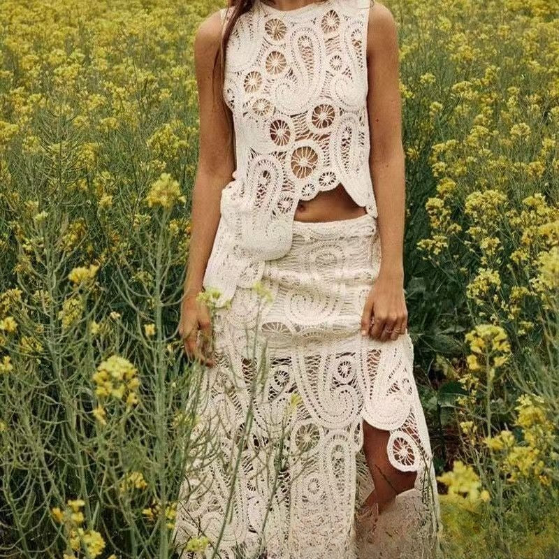 Fashion Round Neck Sleeveless Asymmetric Woven Hollowed Crochet Two-piece Set