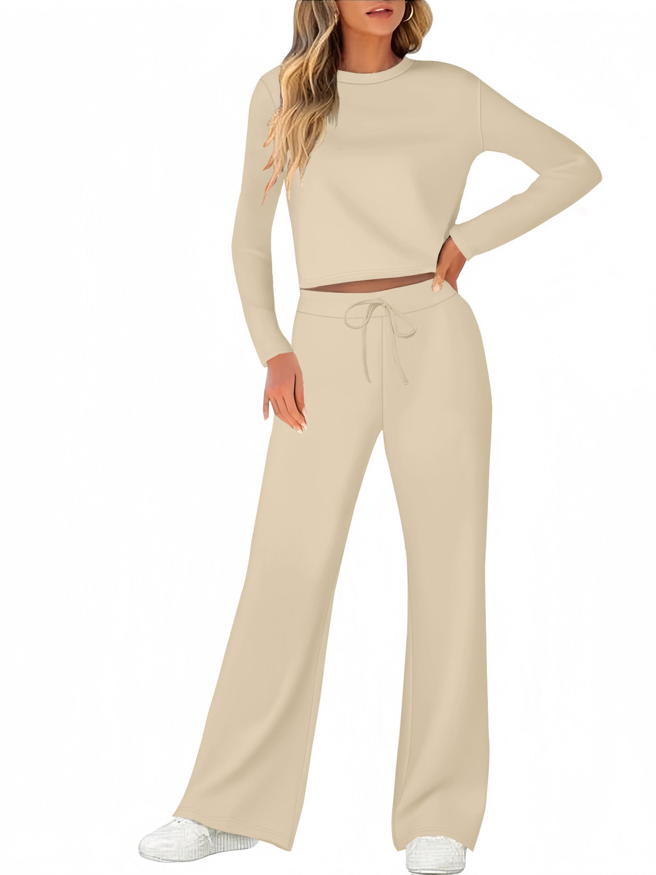 Solid Color T-shirt Round Neck Long Sleeve Trousers Suit