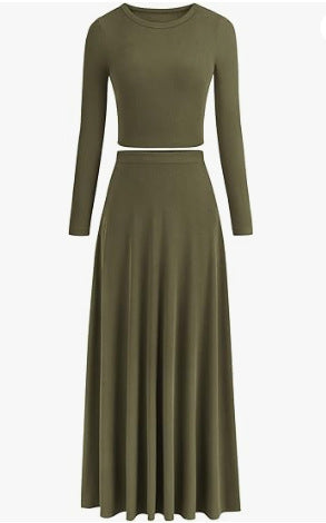 Casual Rib Knitted Long Sleeves Cropped Top Extra Long Piaise Skirt With Suit
