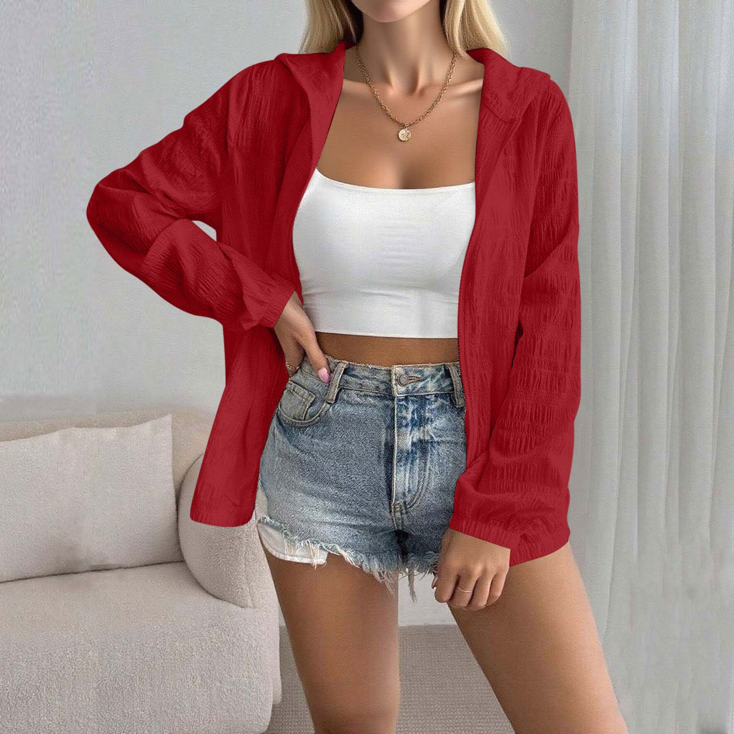 Women's Solid Color Jacquard Long Sleeve Cardigan Top