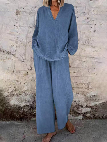 Women's Solid Color Casual V-neck Pullover Long Sleeve Trousers Suit