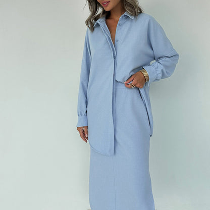 Cotton Lapel Long Sleeve Cardigan Top Split Skirt Commuting Suit