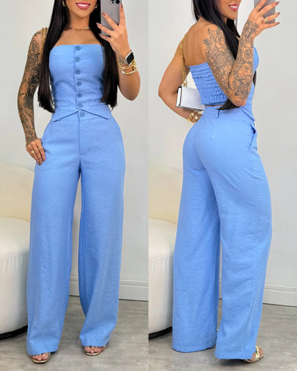 Tube Top Button Vest Closure Placket Wide Leg Trousers Suit