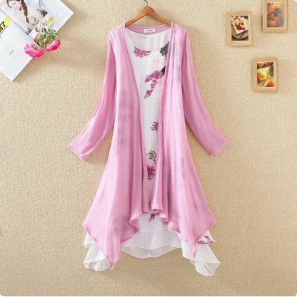 Long Sleeves Outer Match Shawl Mid-length Cotton And Linen Printed Irregular Dress